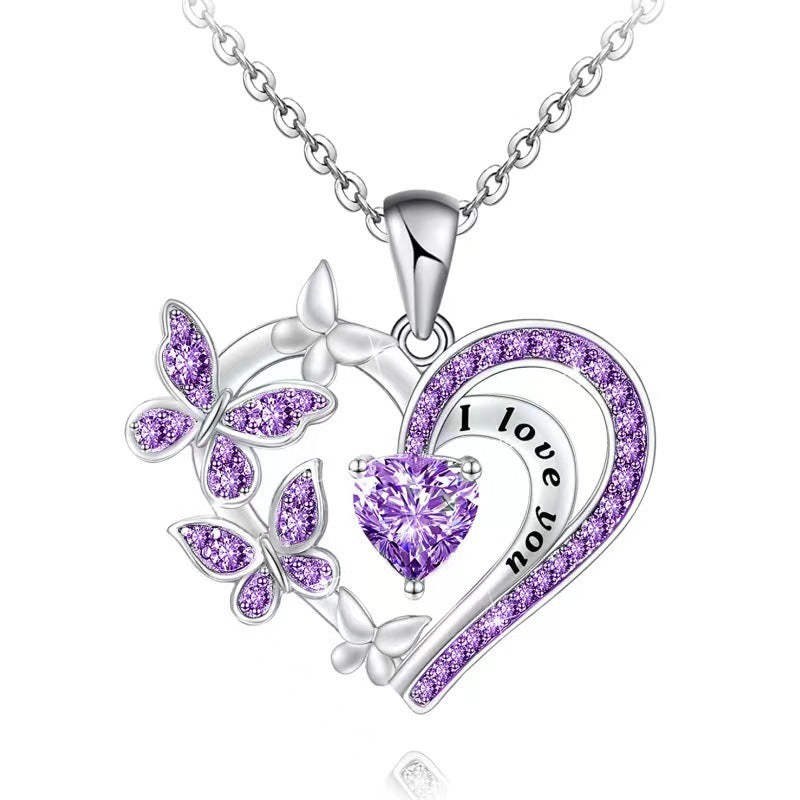 Fashion Jewelry Necklace for Butterfly Design Heart Shaped White/Purple Crystal Silver Plated Pendant Necklaces for Women